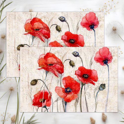 RED POPPIES DISTRESSED MIXED MEDIA DECOUPAGE TISSUE PAPER