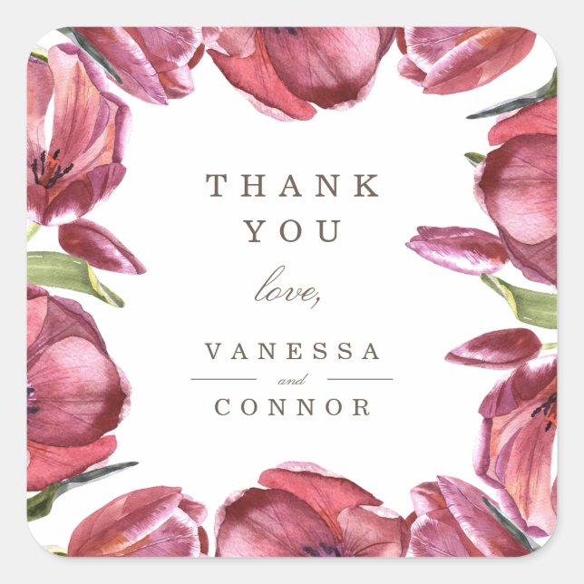 Red Poppies Elegant Monogram Wedding Thank you Square Sticker (Front)