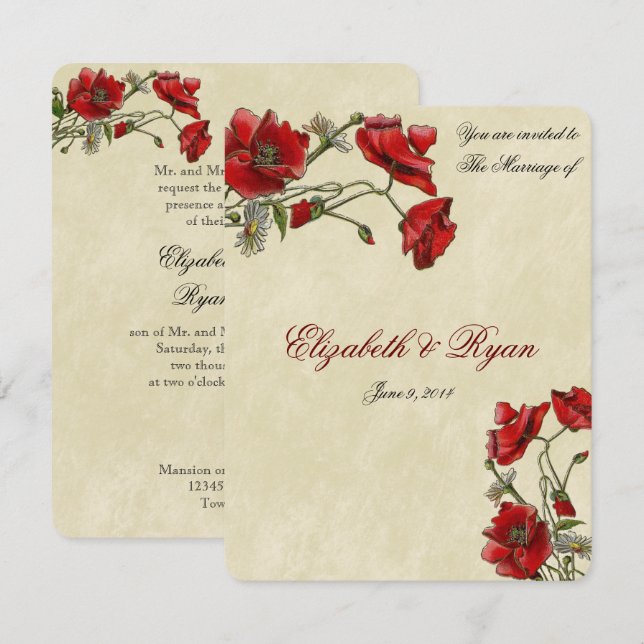 Red Poppies, Elegant Wedding Invitation (Front/Back)