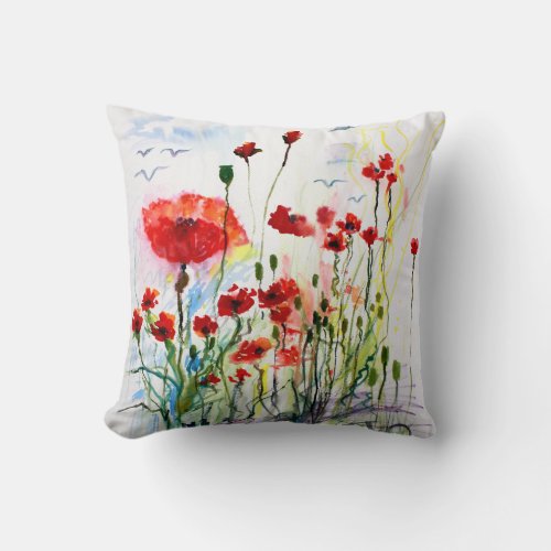 Red Poppies Fantasy Watercolor Ginette Throw Pillow