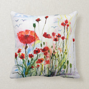 Red Poppies Fantasy Watercolor Ginette Throw Pillow