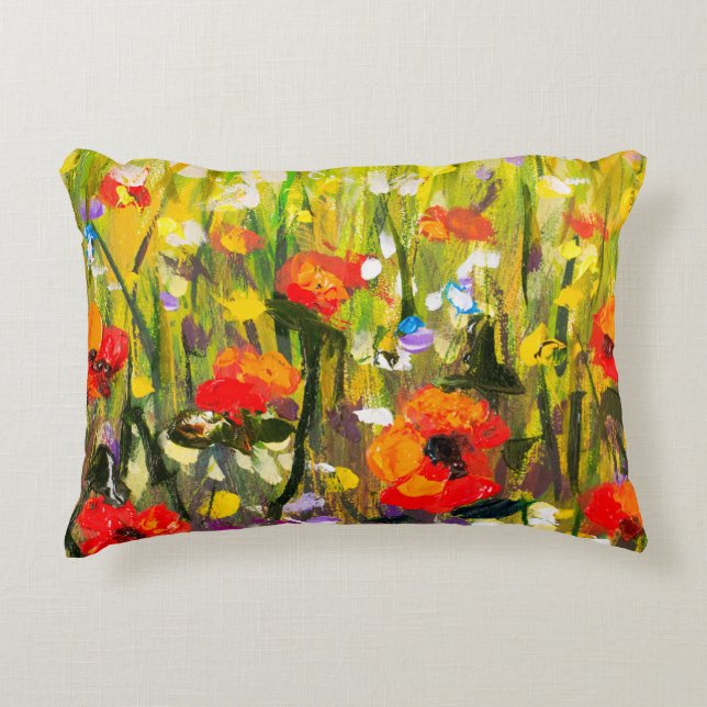 Red Poppies Field Abstract Painting Accent Pillow (Front)