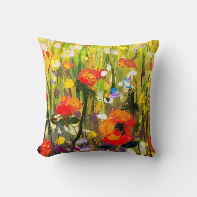 Red Poppies Field Abstract Painting Throw Pillow (Front)