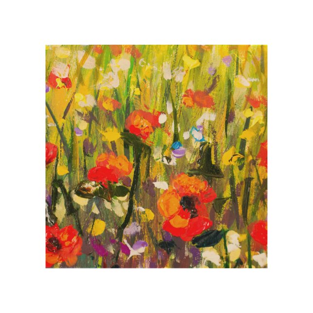 Red Poppies Field Abstract Painting Wood Wall Art (Front)