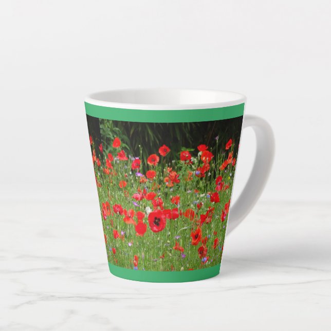 Red Poppies Field Cust. Green Latte Mug (Right Angle)