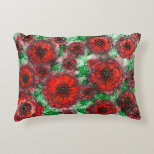 Red Poppies Field Watercolor Botanical Line Art Fl Accent Pillow