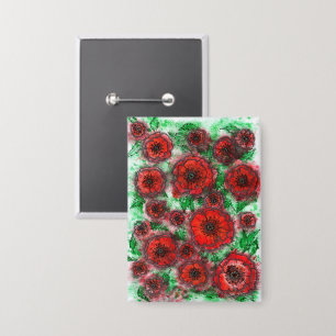 Red Poppies Field Watercolor Botanical Line Art Re Button