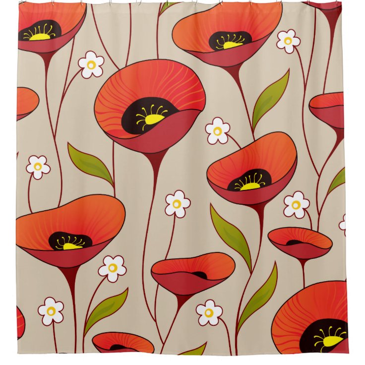 Red Poppies Fine Girly Floral Retro Shower Curtain Zazzle