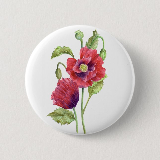 Red Poppies Floral Art Button (Front)