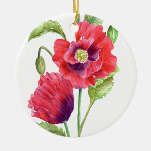 Red Poppies Floral Art Ceramic Ornament
