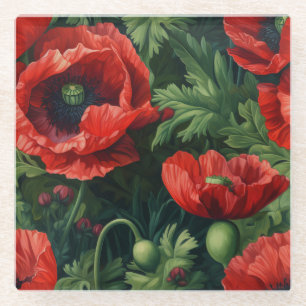 Red Poppies Floral Art Glass Coaster