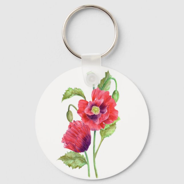 Red Poppies Floral Art Keychain (Front)