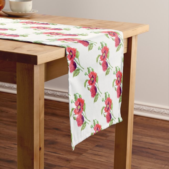 Red Poppies Floral Art Short Table Runner (In Situ)