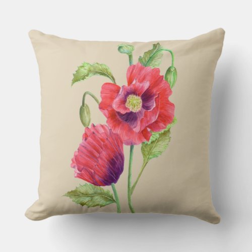 Red Poppies Floral Art Throw Pillow