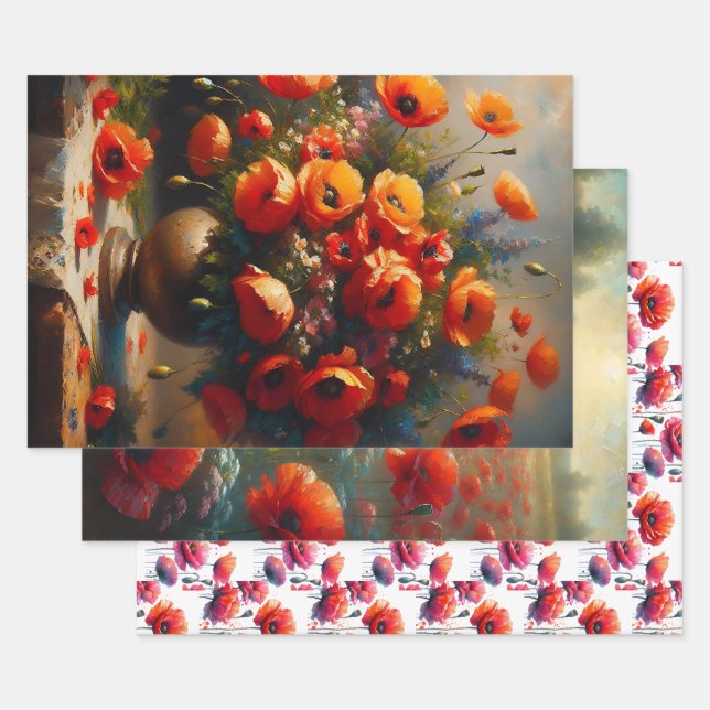 Red Poppies Floral Birthday Wrapping Paper Sheets (Set)