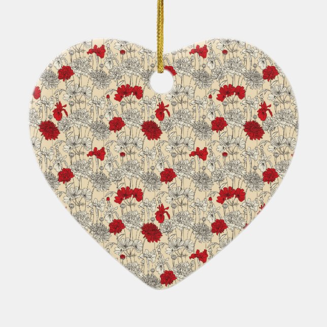 Red Poppies Floral Christmas Ceramic Ornament (Back)