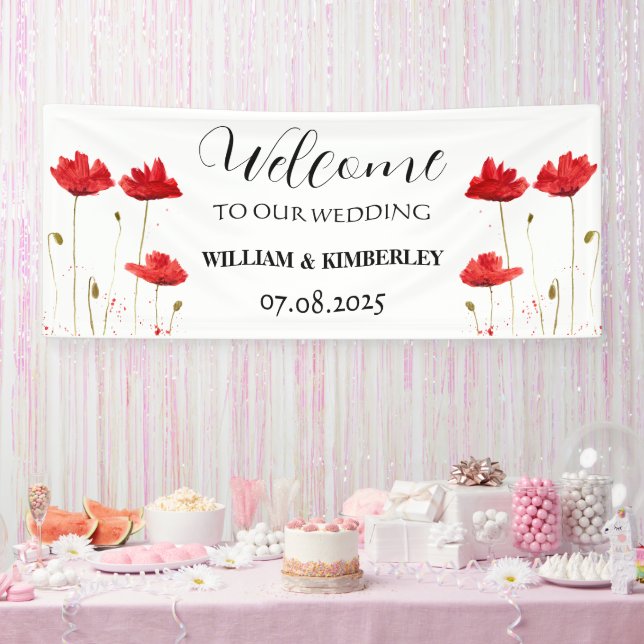 Red Poppies Floral Flowers Rustic Elegant Wedding Banner (Party)