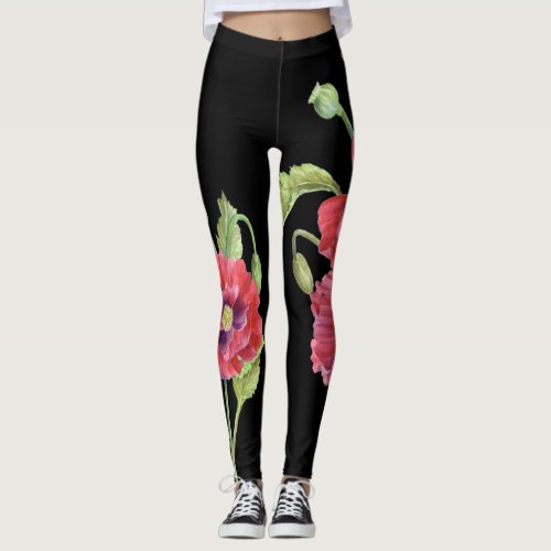 Red Poppies Floral Illustration Black Background Leggings