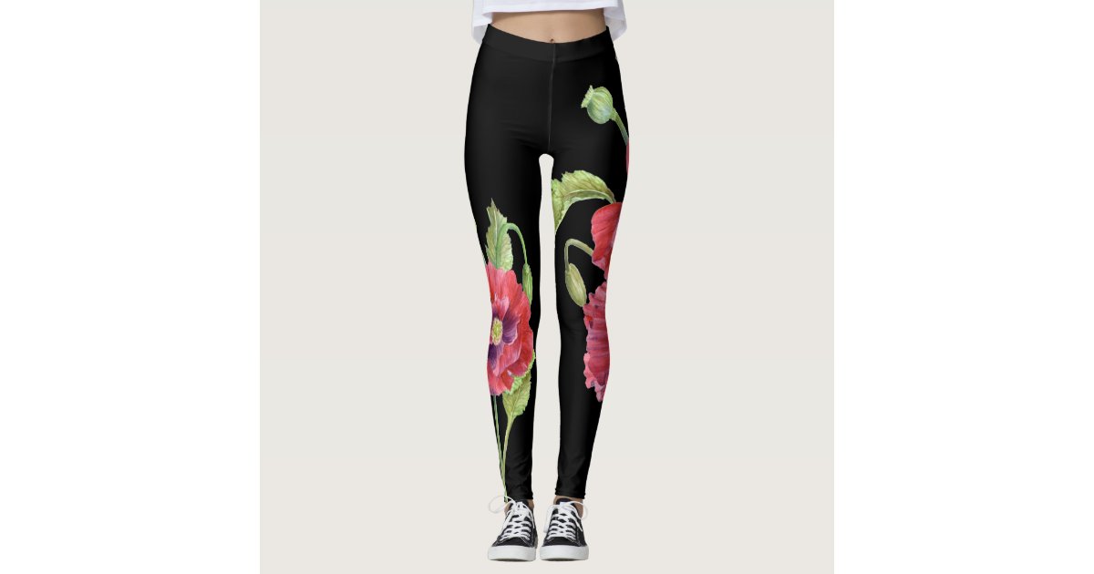 Red Poppy Floral Print Pattern Women Leggings