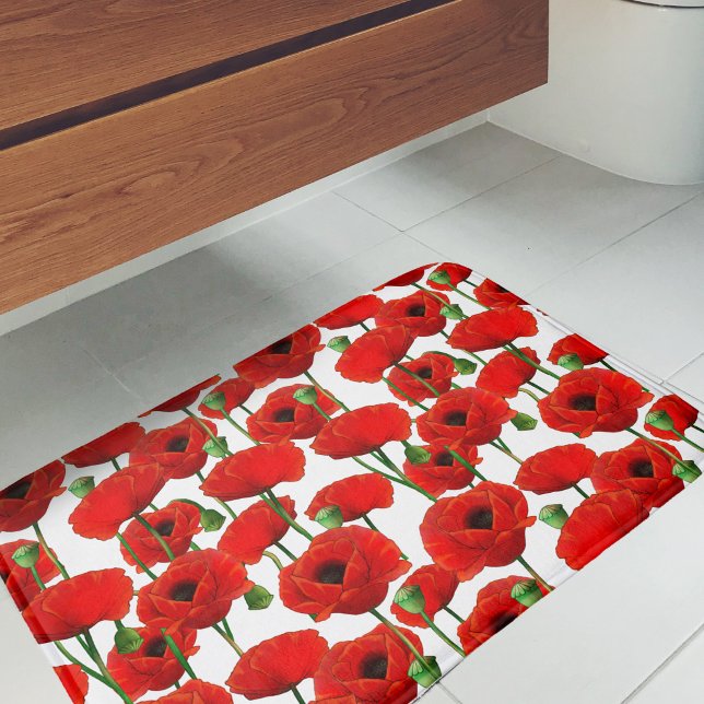 Red Poppies Floral Pattern Bathroom Mat (Red Poppy Pattern Bath Mat)
