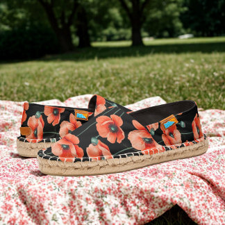 Red Poppies Floral Pattern Black Espadrilles