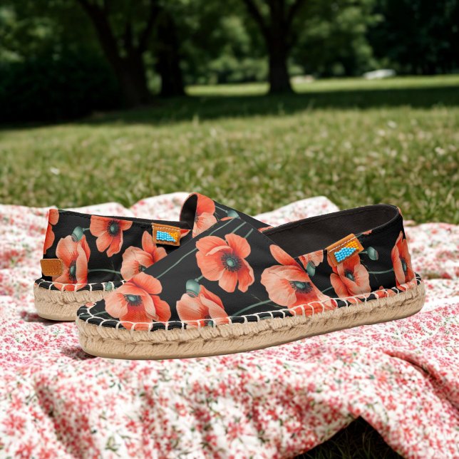 Red Poppies Floral Pattern Black Espadrilles (Pretty poppy espadrilles for picnics in the park)