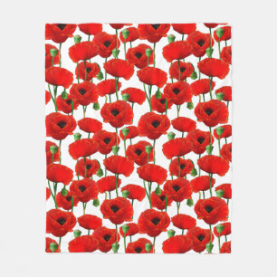 Red Poppies Floral Pattern Fleece Blanket