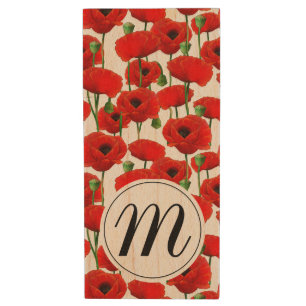 Red Poppies Floral Pattern & Monogram Wood Flash Drive