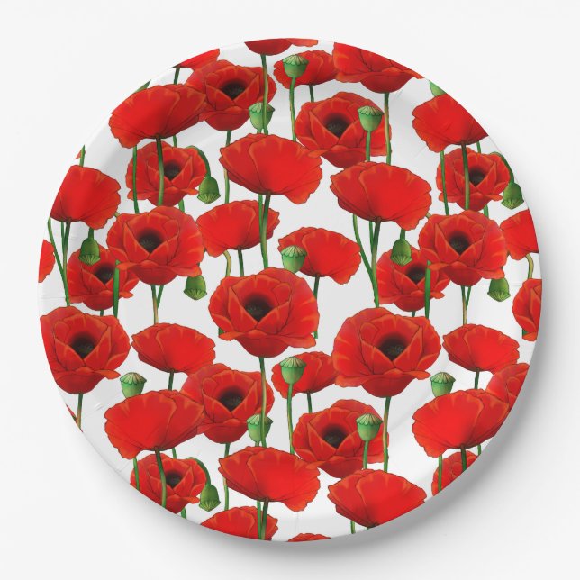 Red Poppies Floral Pattern Paper Plates (Front)