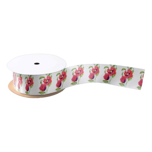 Red Poppies Floral Pattern Satin Ribbon