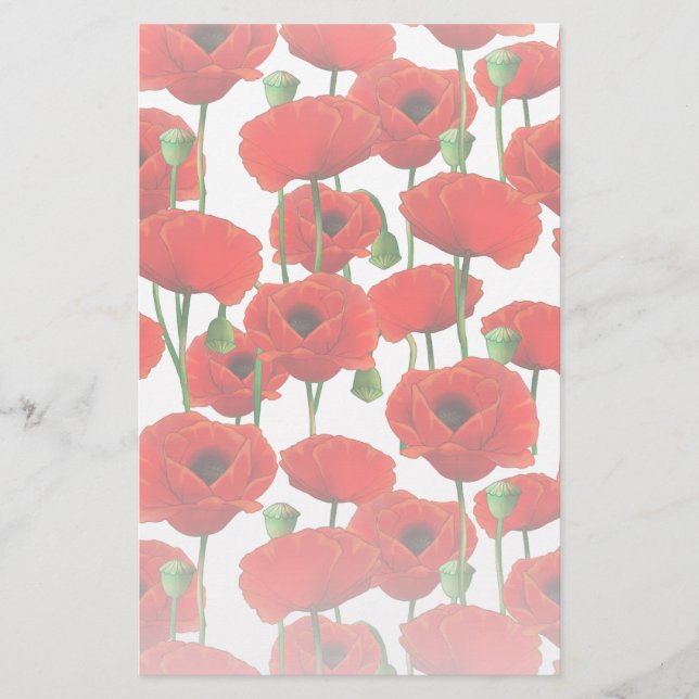 Red Poppies Floral Pattern Stationery (Front)