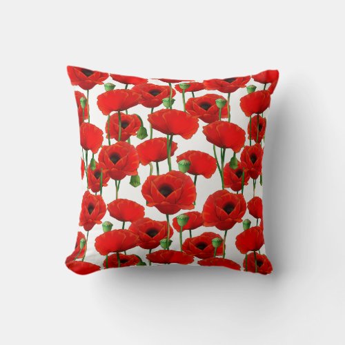 Red Poppies Floral Pattern Throw Pillow