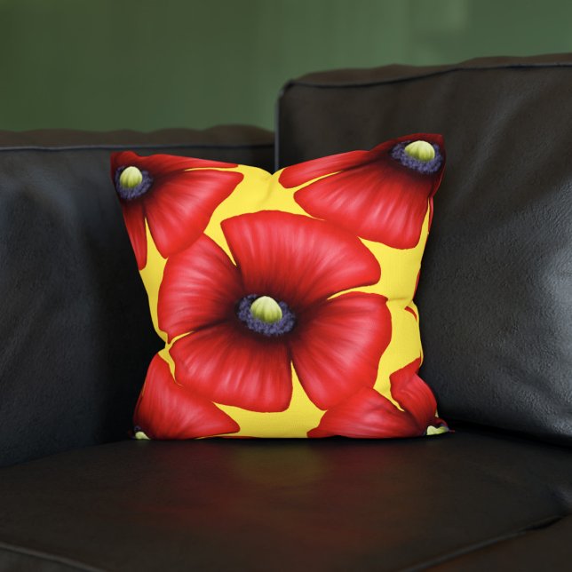 Red Poppies Floral Pattern Yellow Throw Pillow (Pop a poppy pillow on your sofa! This red and yellow modern floral design will look great on yours!)