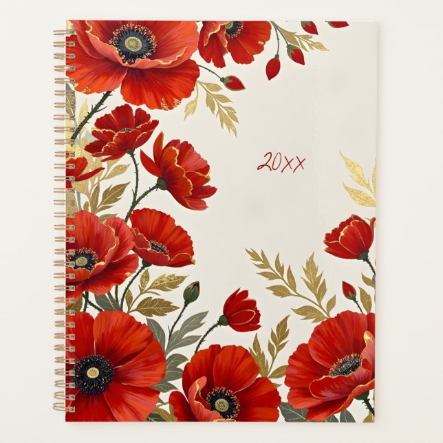Red Poppies Floral Spiral-bound Botanical Print Planner (Front)