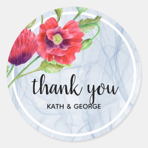 Red Poppies Floral Transparent Organza Fabric Classic Round Sticker