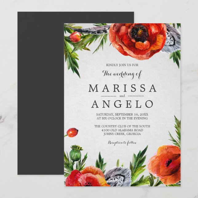 Red Poppies Floral Watercolor Wedding | Gray Back Invitation (Front/Back)