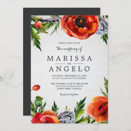 Red Poppies Floral Watercolor Wedding | Gray Back Invitation