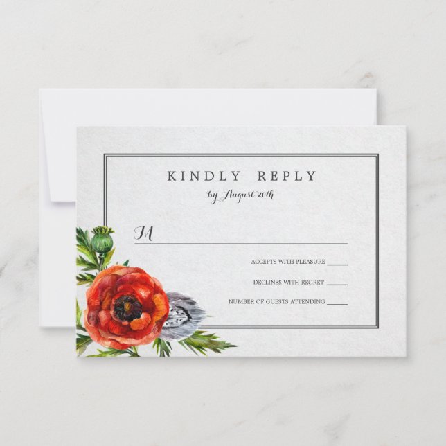 Red Poppies Floral Watercolor Wedding RSVP Card (Front)