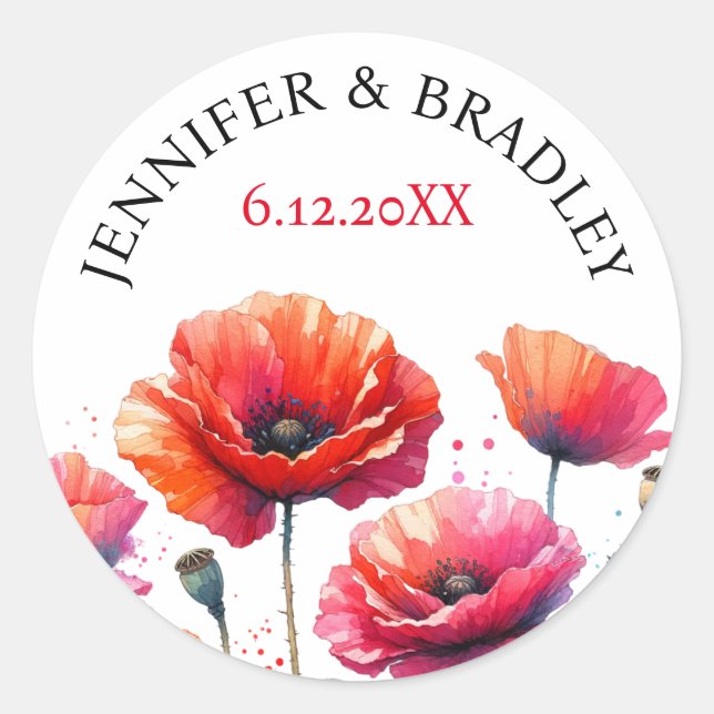 Red Poppies Floral Wedding  Classic Round Sticker (Front)