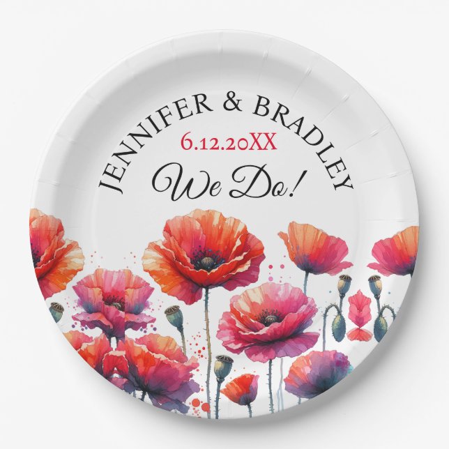 Red Poppies Floral Wedding  Paper Plates (Front)