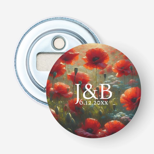 Red Poppies Floral Wedding Personalized Bottle Opener (Front)
