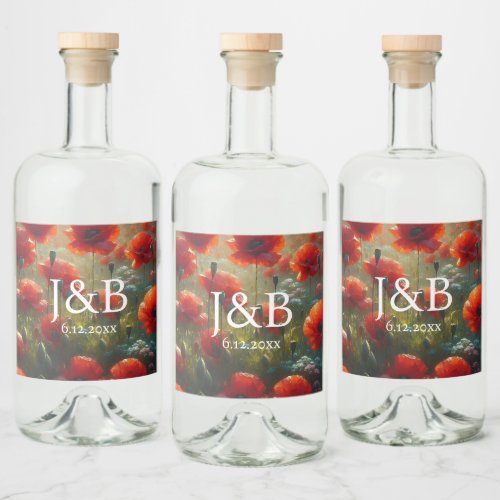 Red Poppies Floral Wedding Personalized Liquor Bottle Label