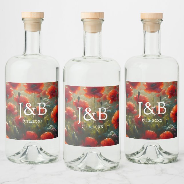 Red Poppies Floral Wedding Personalized Liquor Bottle Label (Bottles)