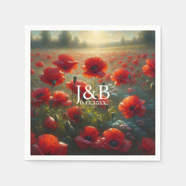 Red Poppies Floral Wedding Personalized Napkins (Front)