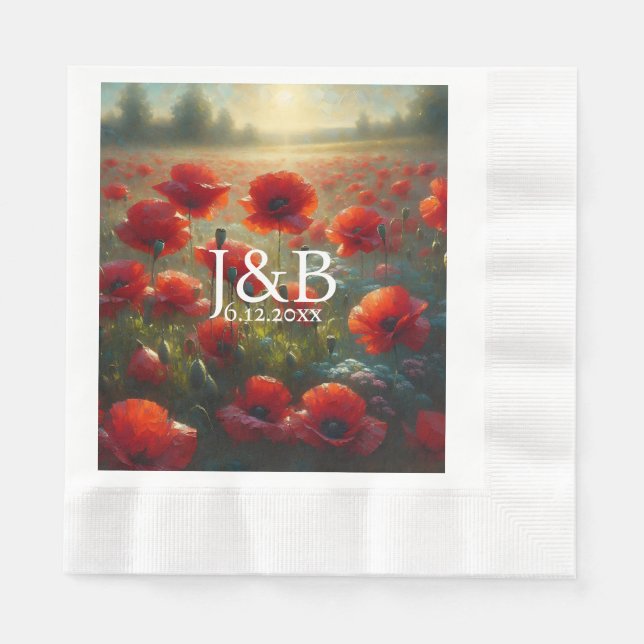 Red Poppies Floral Wedding Personalized Napkins (Front)