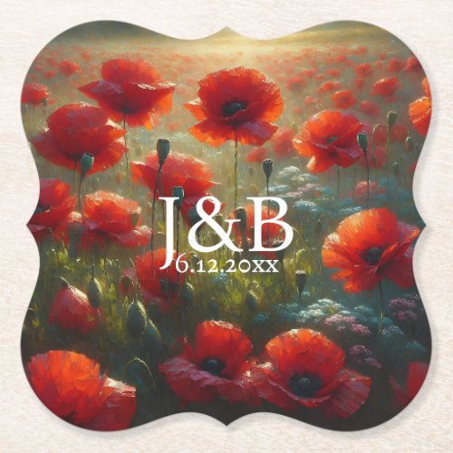 Red Poppies Floral Wedding Personalized Paper Coaster