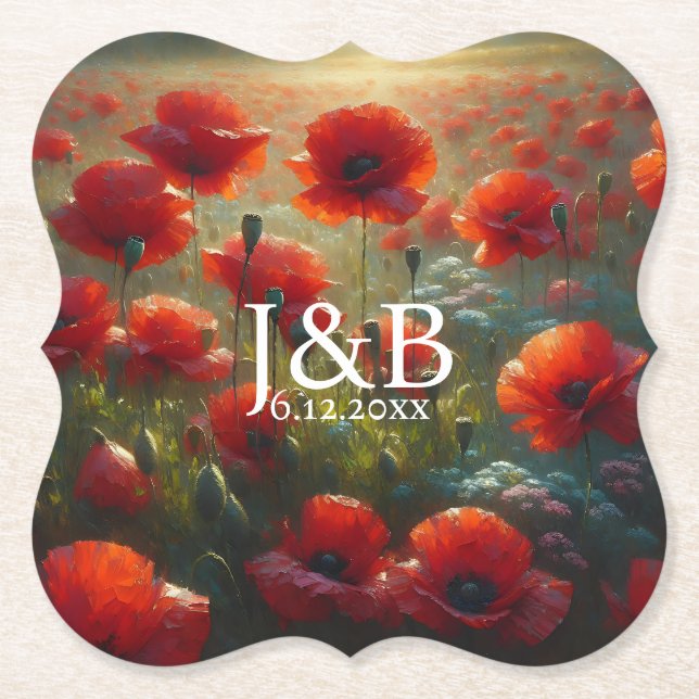Red Poppies Floral Wedding Personalized Paper Coaster (Front)