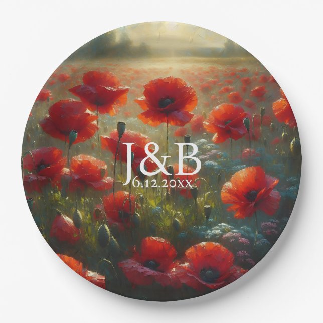 Red Poppies Floral Wedding Personalized Paper Plates (Front)