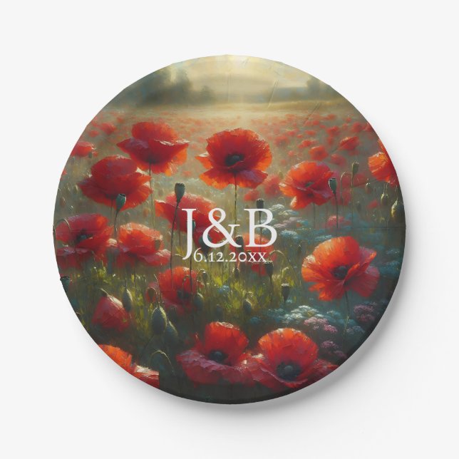 Red Poppies Floral Wedding Personalized Paper Plates (Front)