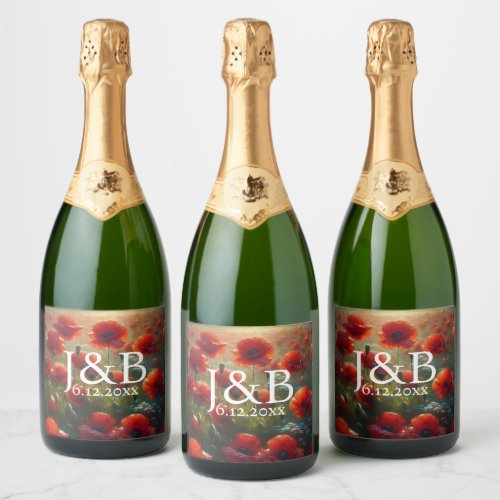 Red Poppies Floral Wedding Personalized Sparkling Wine Label